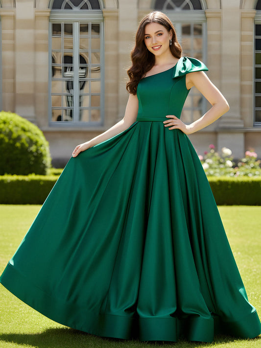 One Shoulder Sweep Train Satin Gown With Bow Dark Green