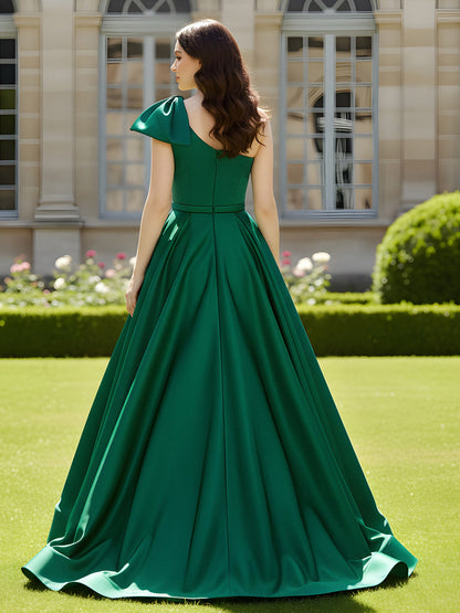 One Shoulder Sweep Train Satin Gown With Bow Dark Green