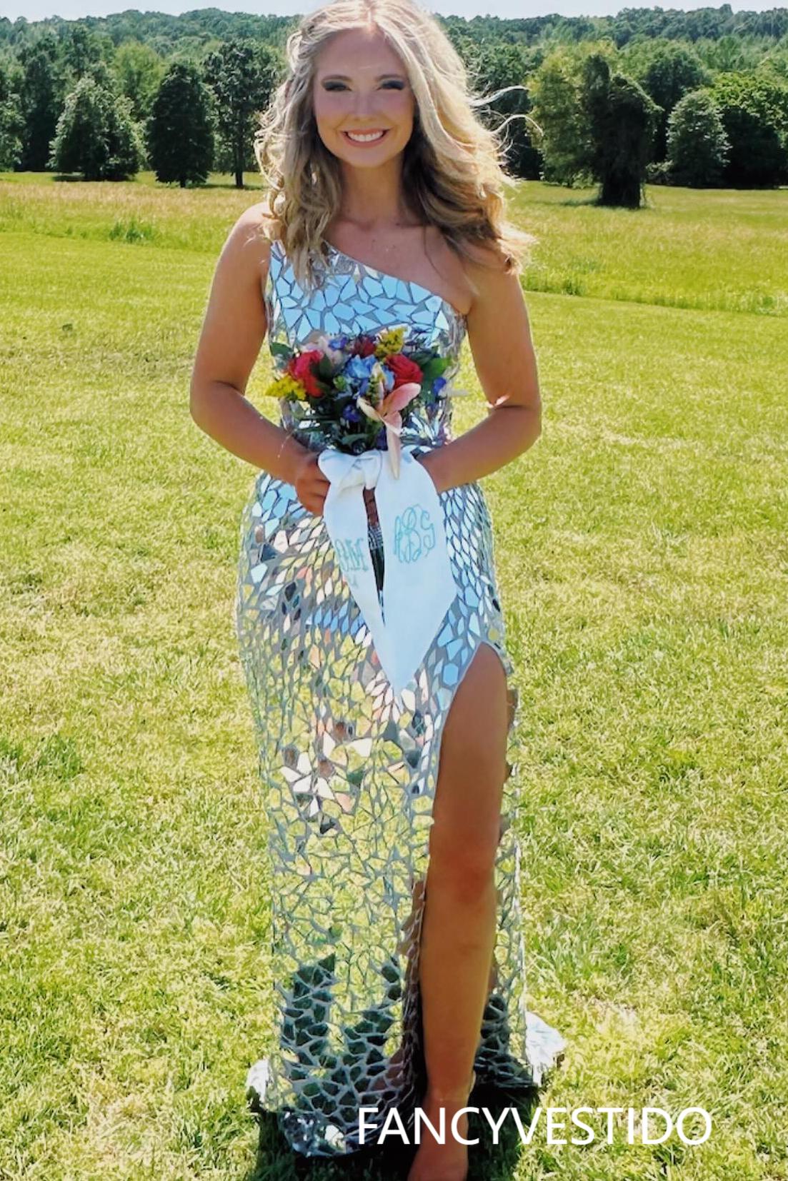 One Shoulder Gold Mirror Sequin Mermaid Prom Dress