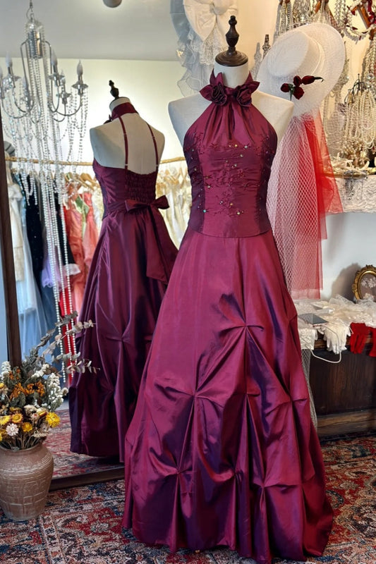 Retro Diva-style Halter Dress: Waist-cinched Ruffled Skirt, Satin Fabric, High-end Party Dress gh6578