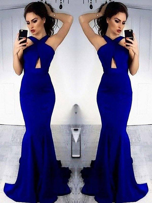 Sheath Halter Sleeveless Sweep/Brush Train With Ruched Satin Dresses - RongMoon