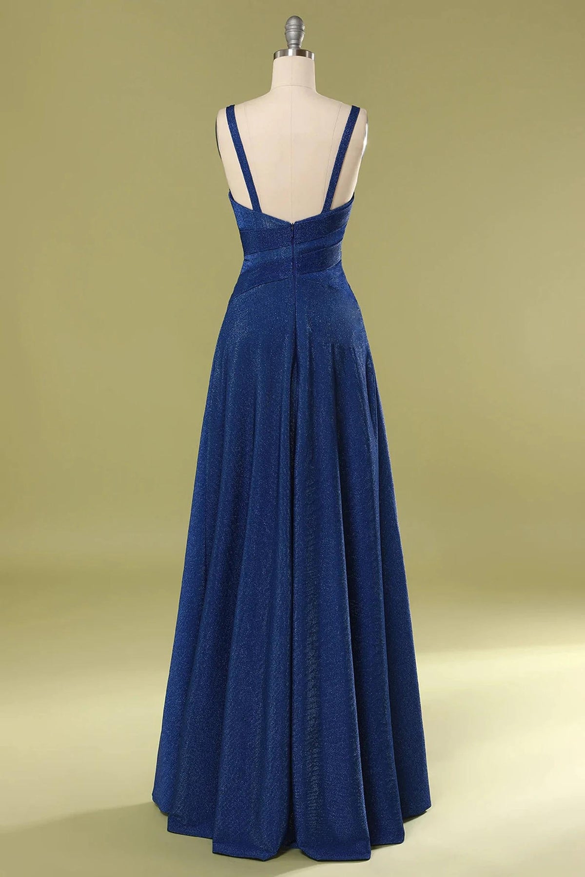 Navy Blue V-Neck Straps Gathered Long Bridesmaid Dress