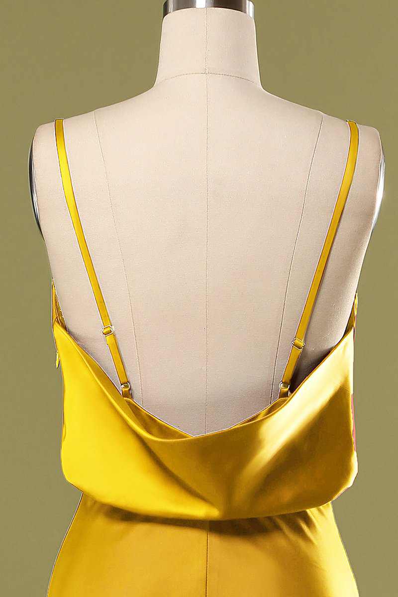 Gold Straps Cowl Back Bridesmaid Dress with Slit