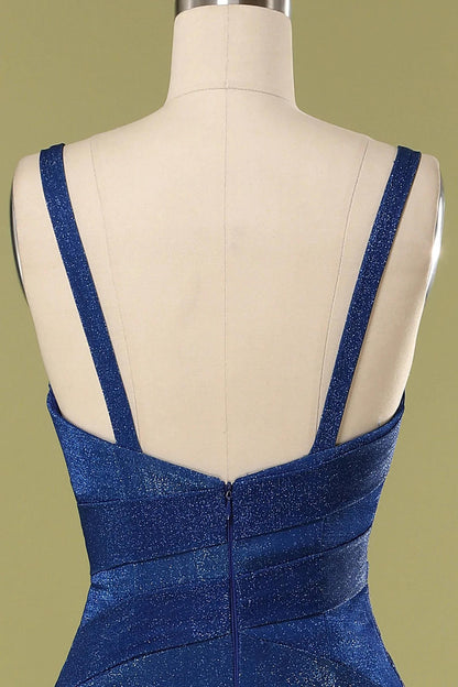 Navy Blue V-Neck Straps Gathered Long Bridesmaid Dress