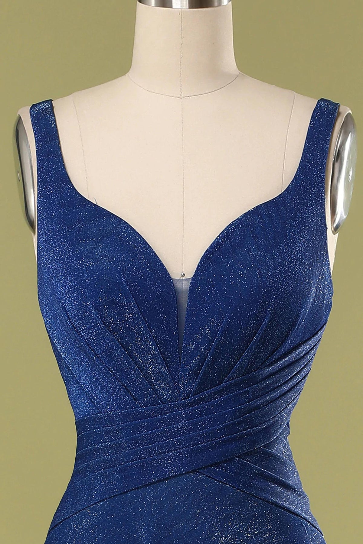 Navy Blue V-Neck Straps Gathered Long Bridesmaid Dress