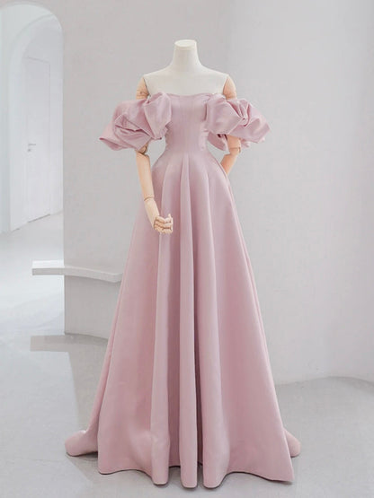 A-Line Satin Pink Long Prom Dress, Pink Long Formal Dress