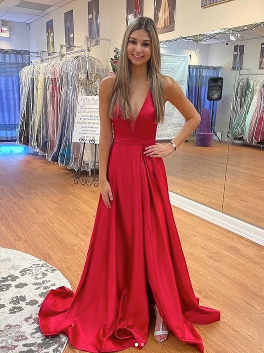 Simple red v neck satin long prom dress, red evening dress