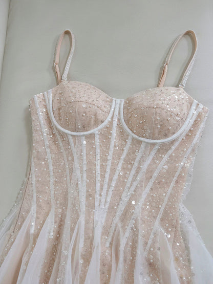A-Line Sweetheart Neck Tulle Sequin Champagne Short Prom Dress, Cute Homecoming Dress