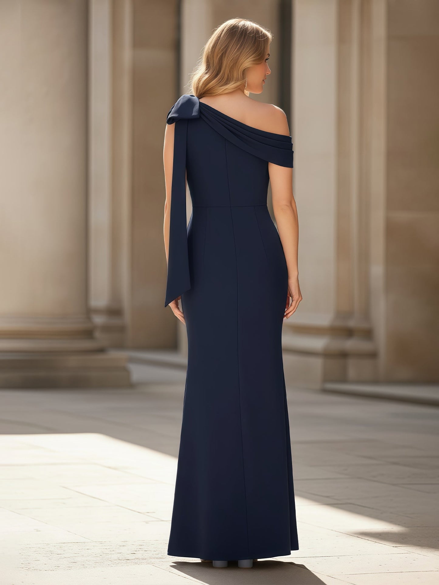 Pleated Bowknot One Shoulder Floor-Length Dress Dark Navy