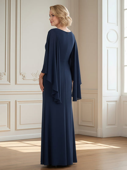 Pleated V-neck Applique Long Dress With Slit Dark Navy