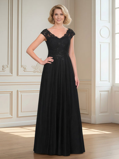 V-neck Lace Beaded Sequins A-Line Long Dress Black