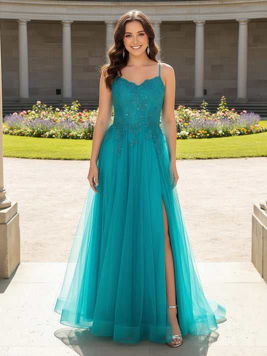 A-Line V-Neck Tulle Appliqued Slit Gown Jade