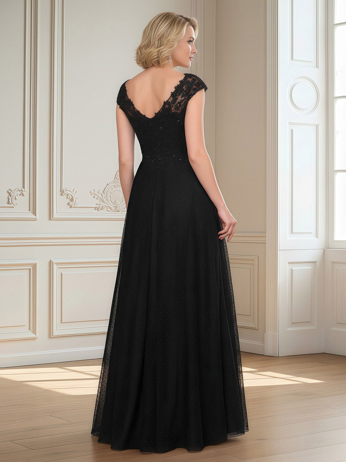 V-neck Lace Beaded Sequins A-Line Long Dress Black