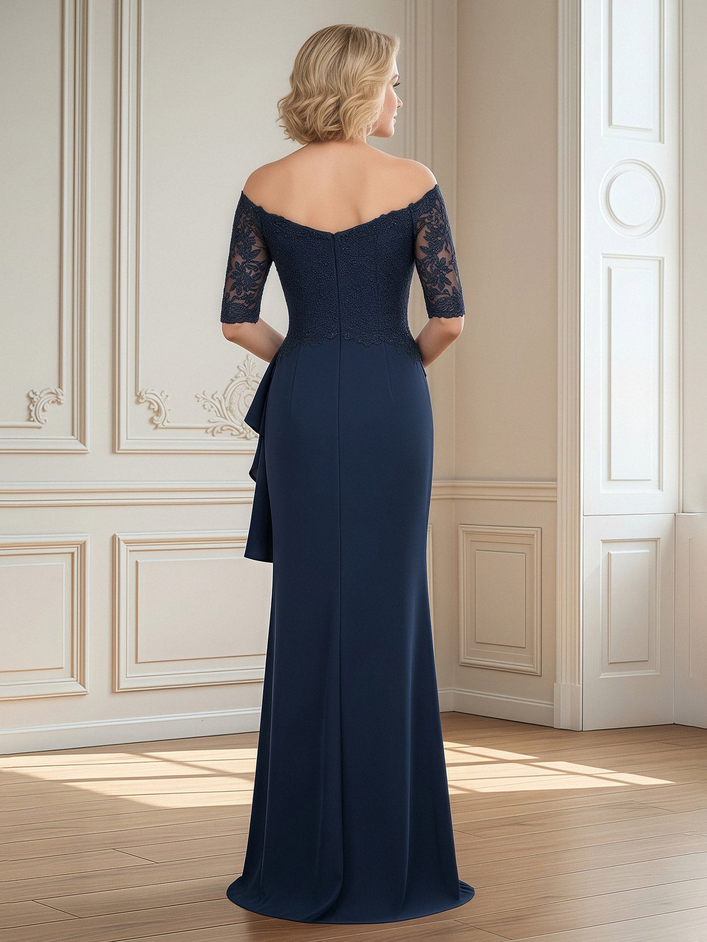 Off-the-shoulder Lace Sleeves Ruffle Mermaid Dress Dark Navy