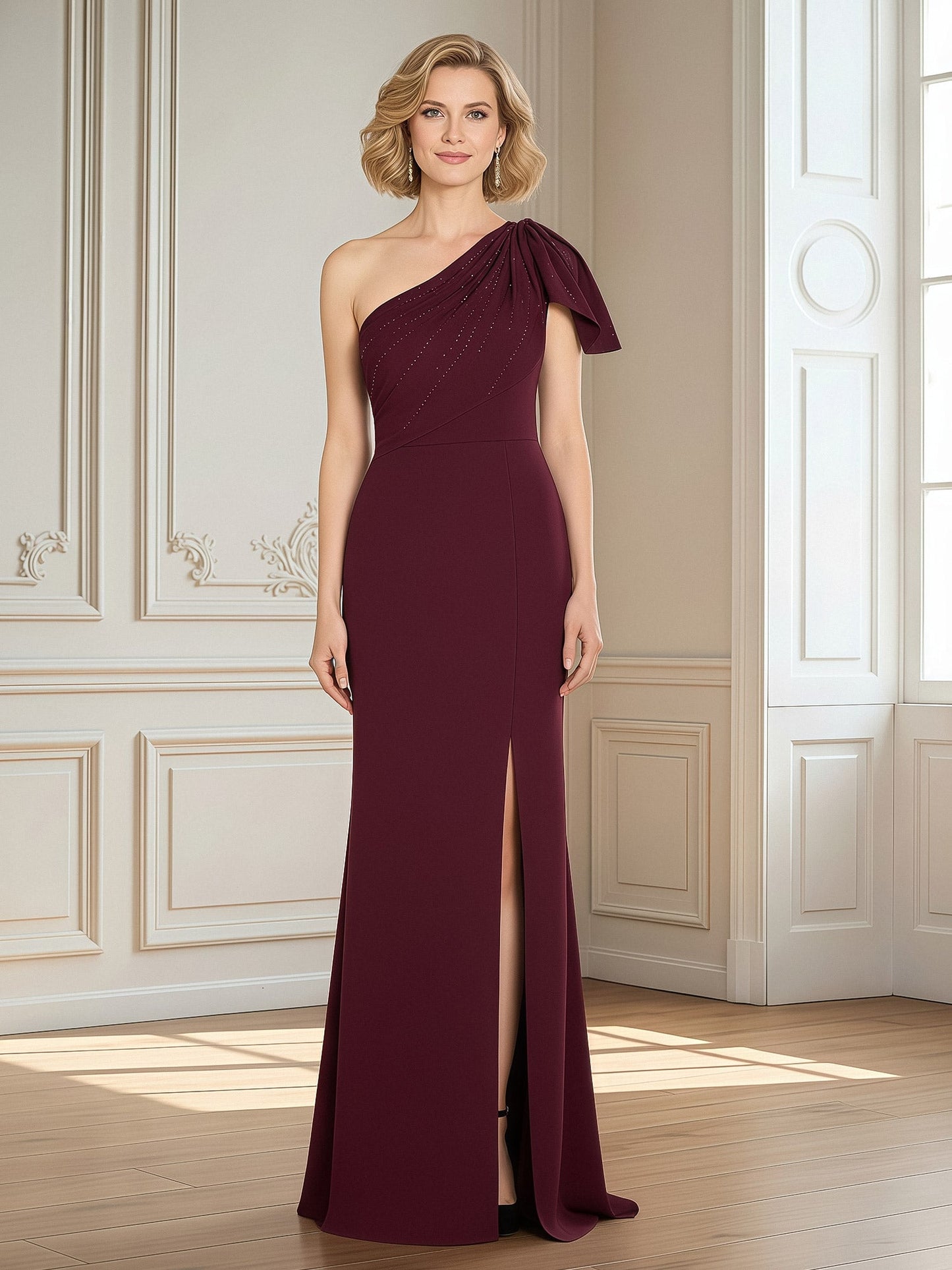 One-Shoulder Column Gown with Draped Asymmetric Neckline Burgundy