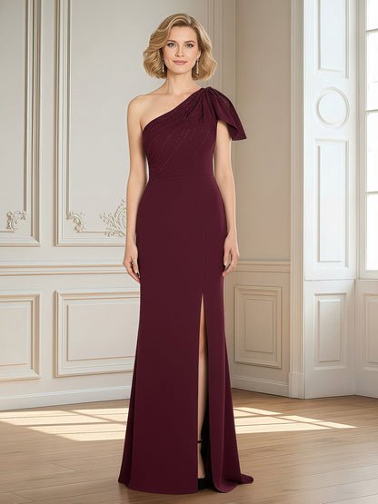 One-Shoulder Column Gown with Draped Asymmetric Neckline Burgundy