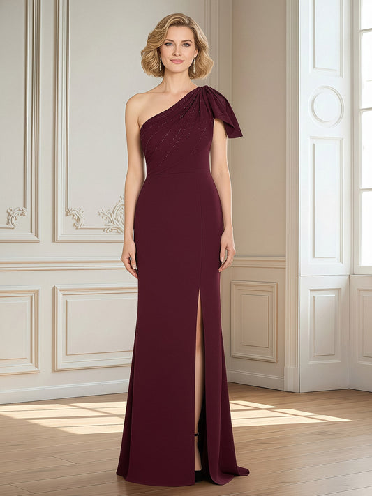 One-Shoulder Column Gown with Draped Asymmetric Neckline Burgundy