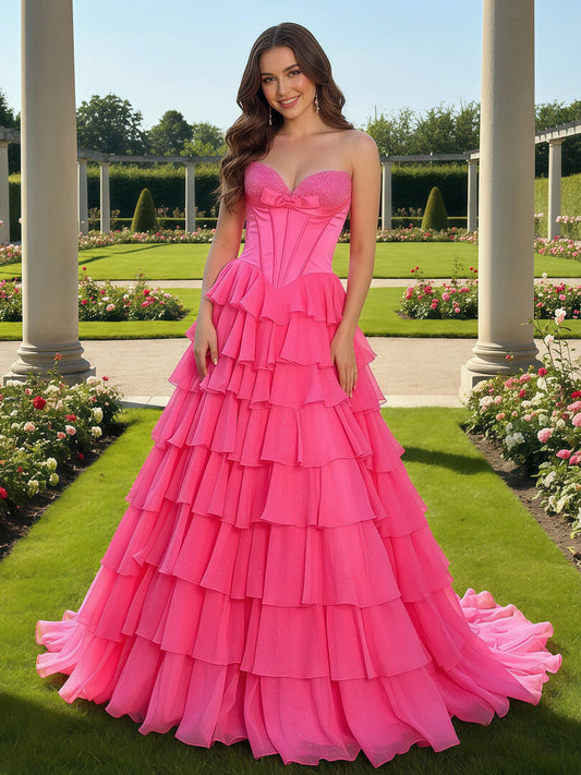 Sleeveless Sweetheart Chiffon Gown With Ruffle Fuchsia