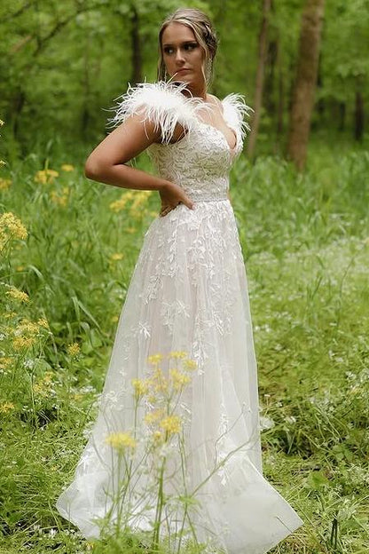 Peach V-Neck Applique A-Line Prom Dress with Feather Off Shoulder