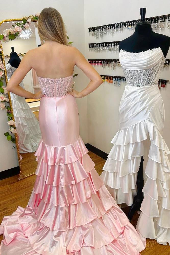 Pink Strapless Applique Ruffle Mermaid Prom Dress with Slit