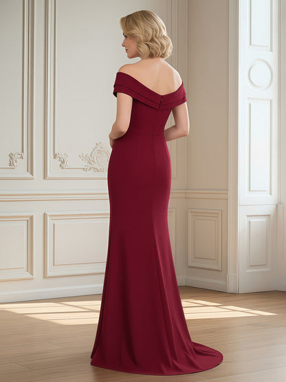Off-Shoulder Mermaid Gown with Draped Surplice Bodice Burgundy