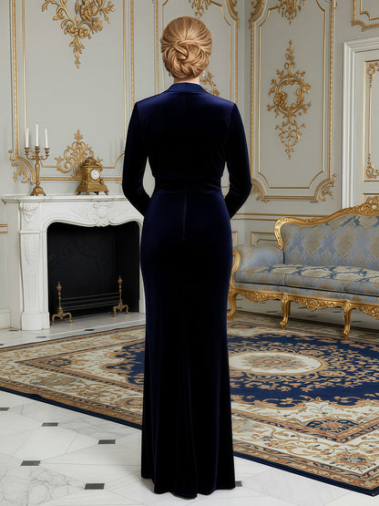 Velvet Sheath Gown with Matching Shawl Collar Bolero Navy Blue