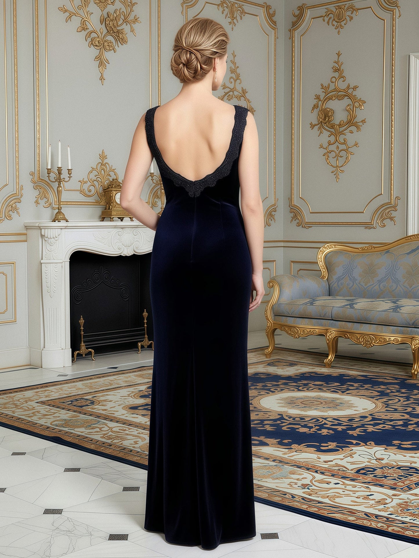 Velvet Sheath Gown with Matching Shawl Collar Bolero Navy Blue
