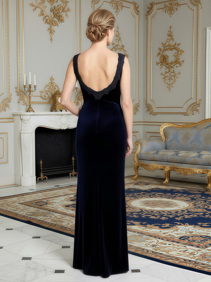 Velvet Sheath Gown with Matching Shawl Collar Bolero Navy Blue