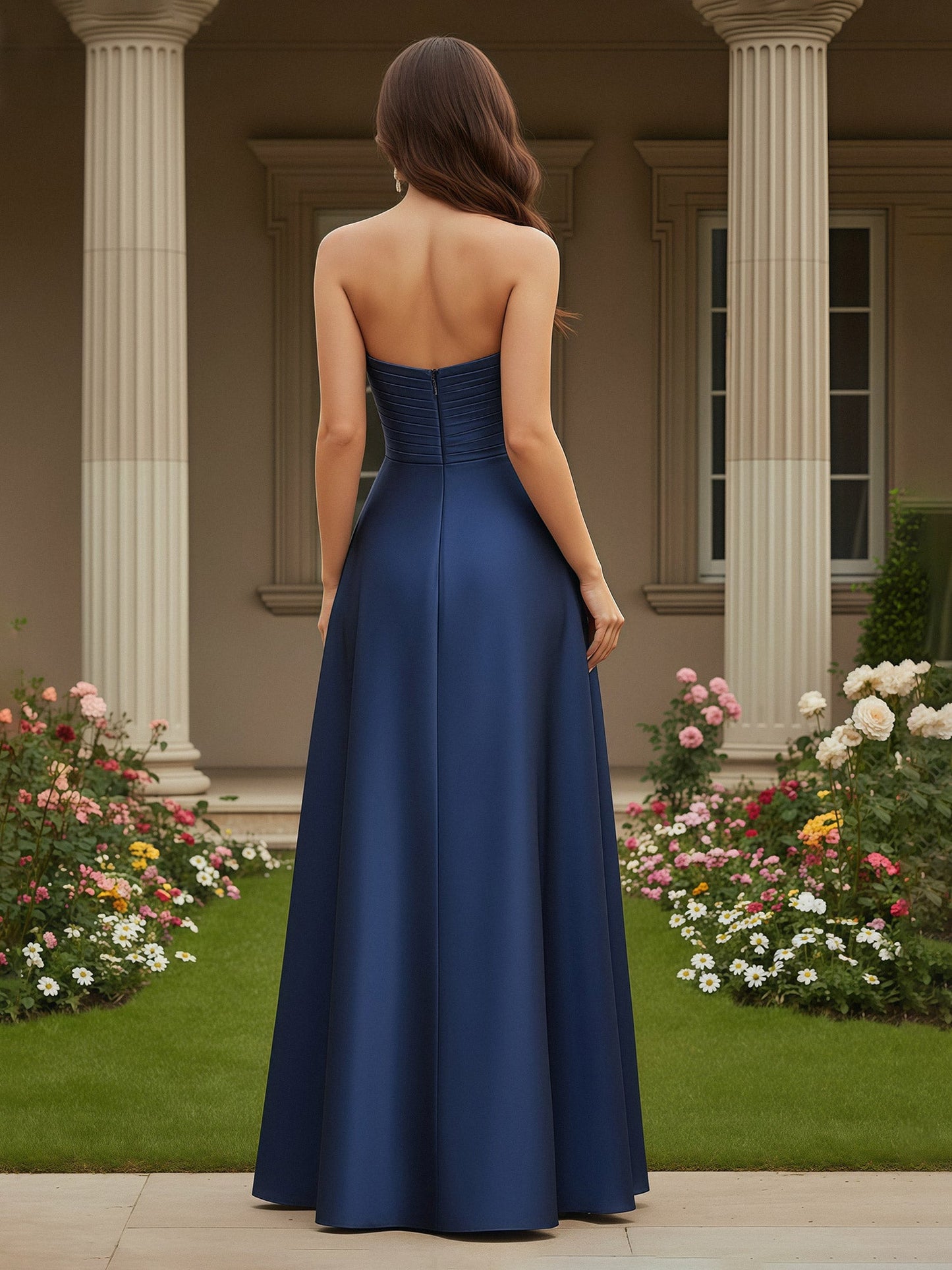 A-Line Sleeveless Sweetheart Satin Floor Length Gown Dark Navy