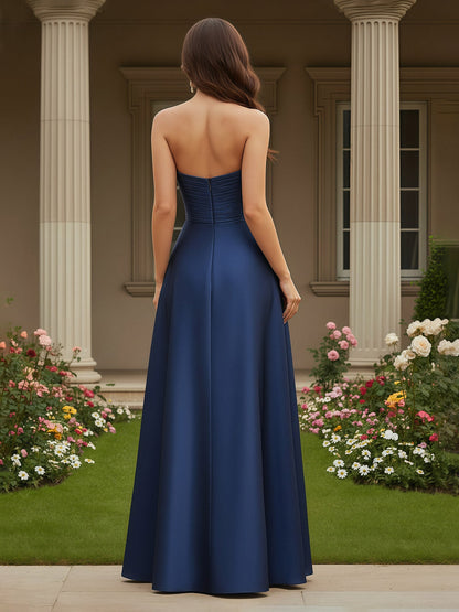 A-Line Sleeveless Sweetheart Satin Floor Length Gown Dark Navy