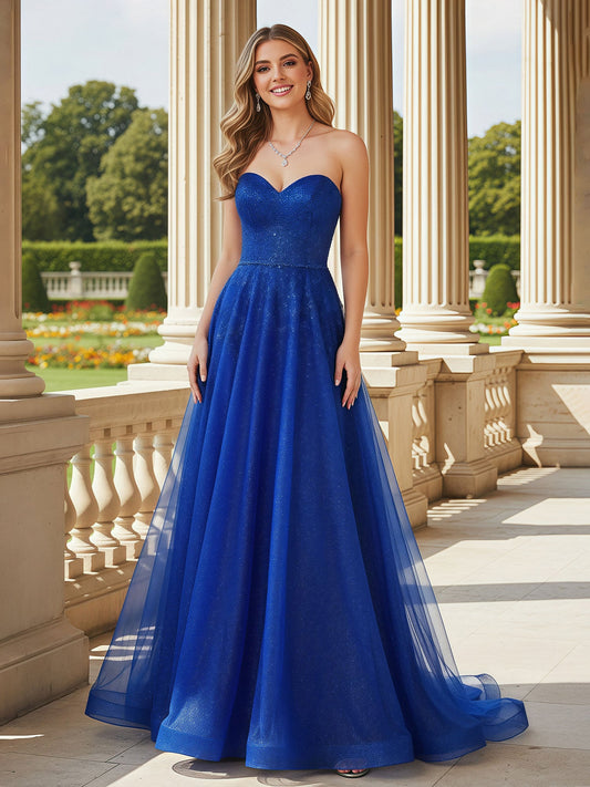 Sweetheart Shiny Tulle Lace-Up Gown With Sweep Train Royal Blue