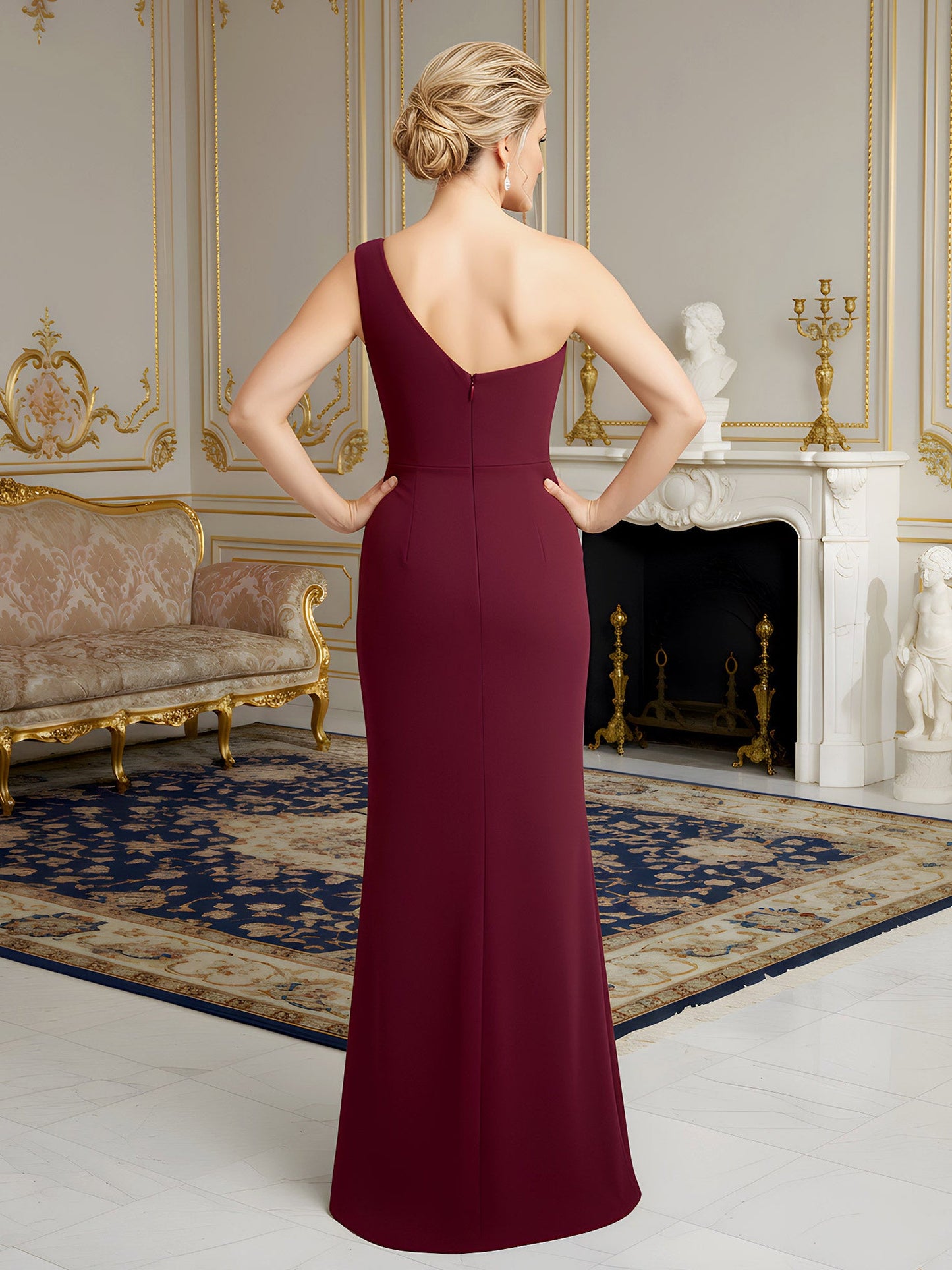 One-Shoulder Column Gown with Ruched Draped Bodice Burgundy