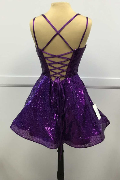 Purple Sequin Plunge V Lace-Up A-Line Short Party Dress