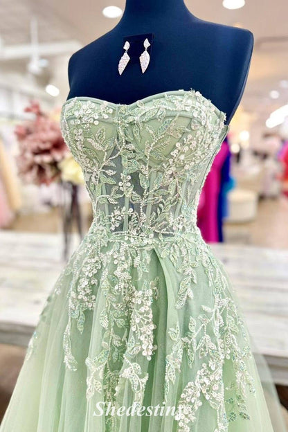 Tulle Mint Green A-Line Strapless Sequin Applique Prom Dress