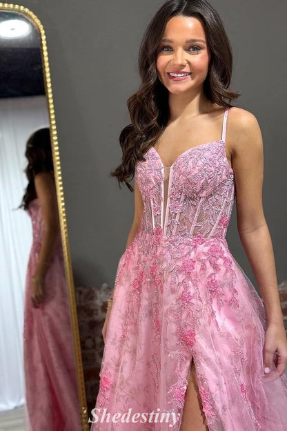 Princess A-Line Pink V-Neck Sweep Train Prom Dress with Applique