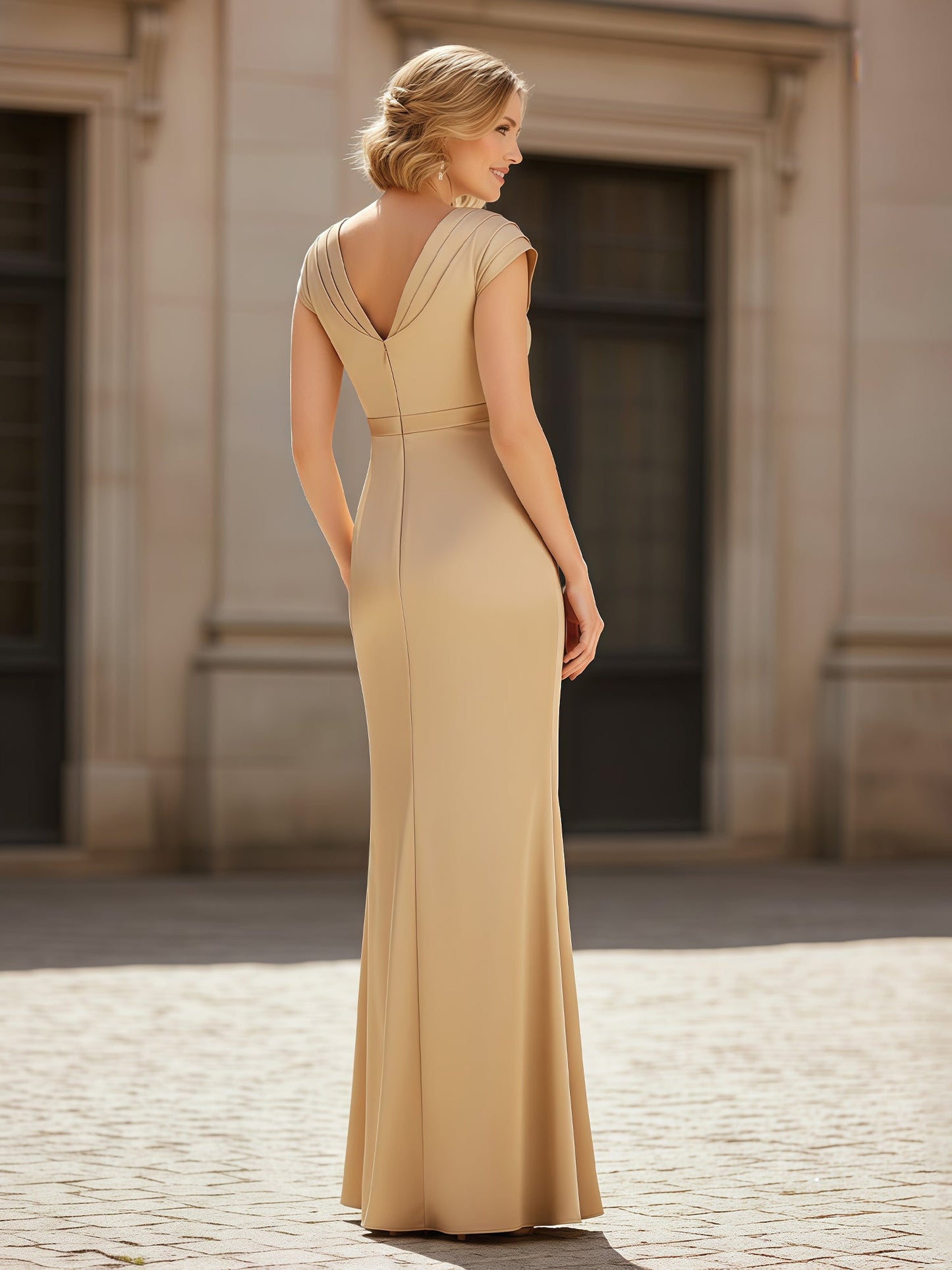 Pleated V-neck Sheath Long Dress With Ruffles Champagne