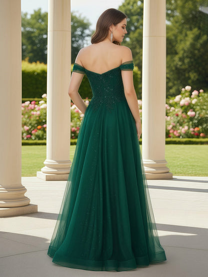 Off-The-Shoulder A-Line Appliqued Tulle Dress With Slit Dark Green
