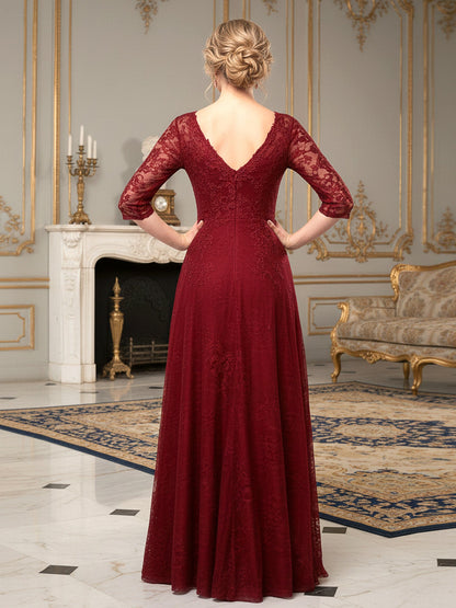 All-Over Embroidered Lace Gown with A-Line Skirt Burgundy