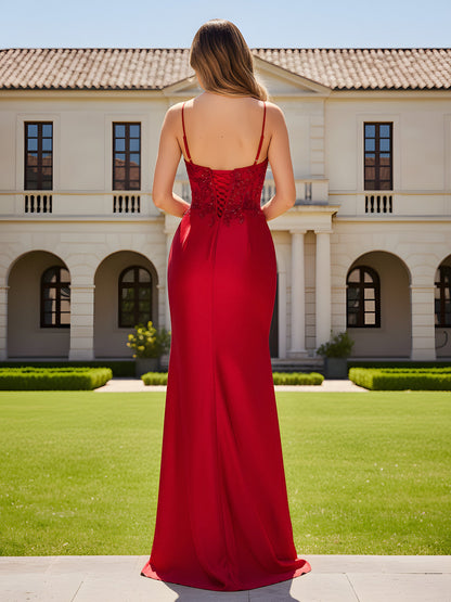 Spaghetti Straps Sheath Appliqued Slit Dress Red
