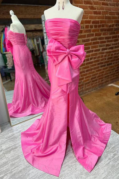 Blue Strapless Pleated Slit Mermaid Prom Dress with Bow
