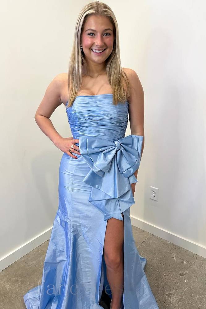 Blue Strapless Pleated Slit Mermaid Prom Dress with Bow