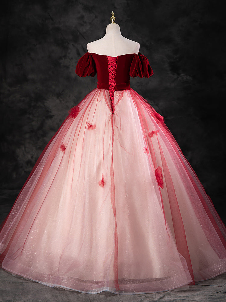 A-Line Tulle Burgundy Long Prom Dress, Burgundy Long Formal Dress