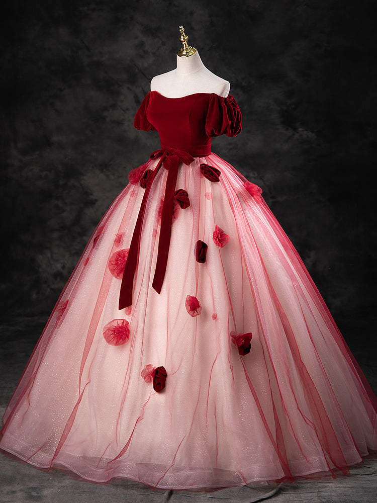 A-Line Tulle Burgundy Long Prom Dress, Burgundy Long Formal Dress