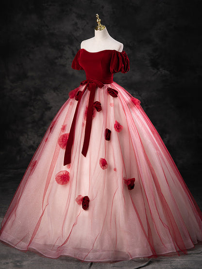 A-Line Tulle Burgundy Long Prom Dress, Burgundy Long Formal Dress