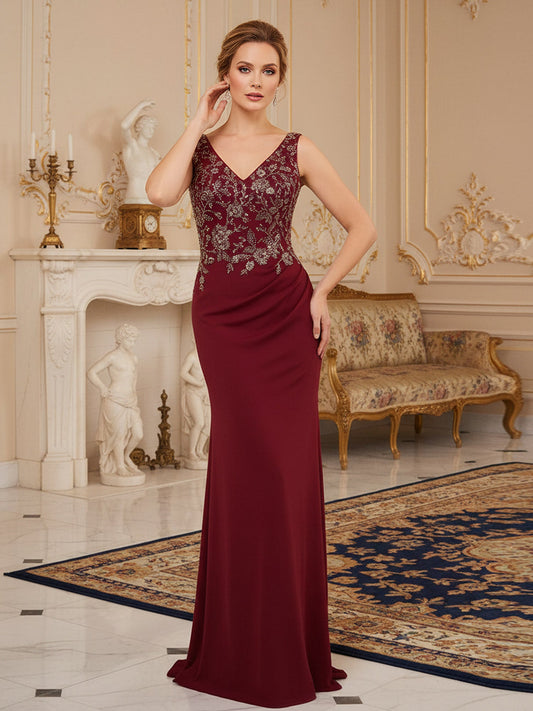 Sleeveless Column Gown with V-Neck and Ornate Beaded Bodice Burgundy