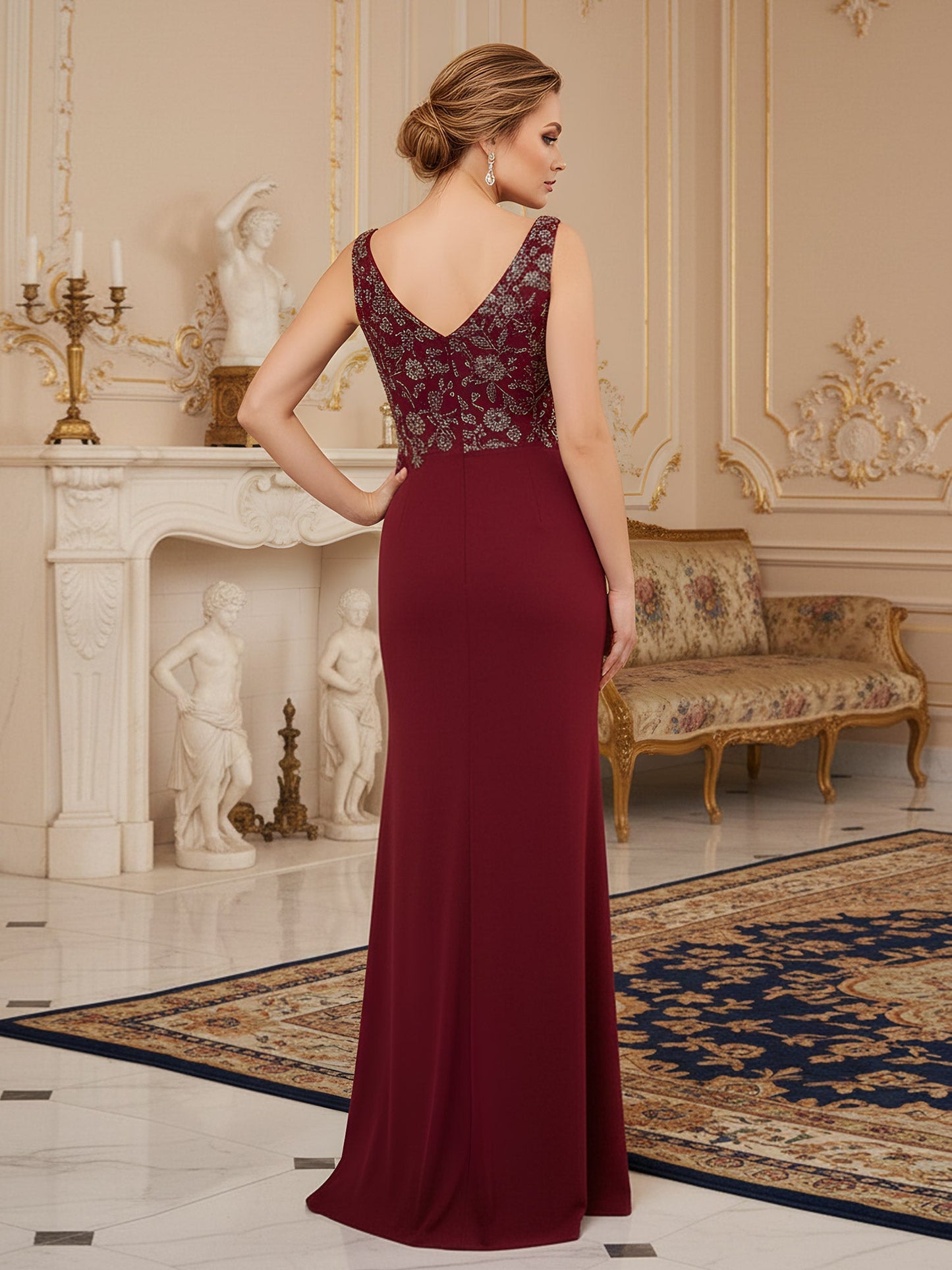 Sleeveless Column Gown with V-Neck and Ornate Beaded Bodice Burgundy