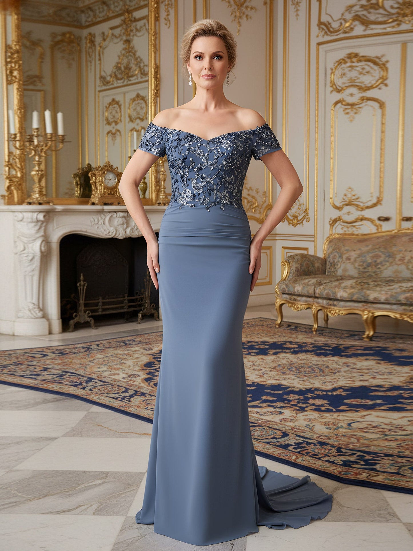 Off-Shoulder Mermaid Gown with Embroidered Illusion Bodice Dusty Blue