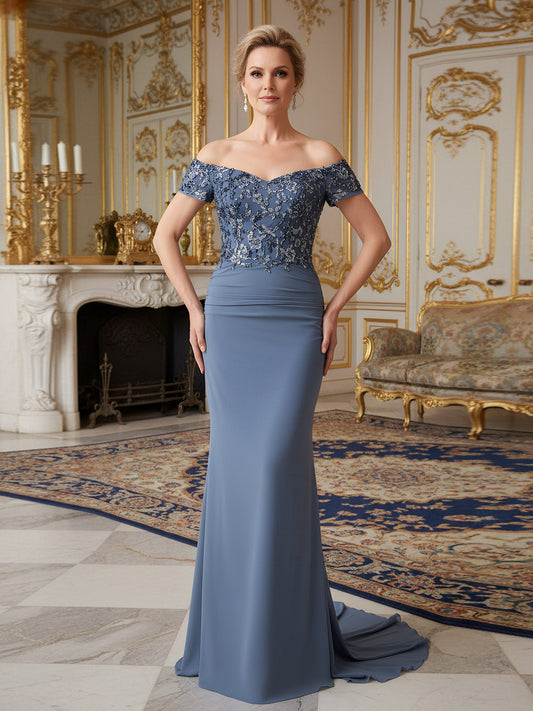 Off-Shoulder Mermaid Gown with Embroidered Illusion Bodice Dusty Blue