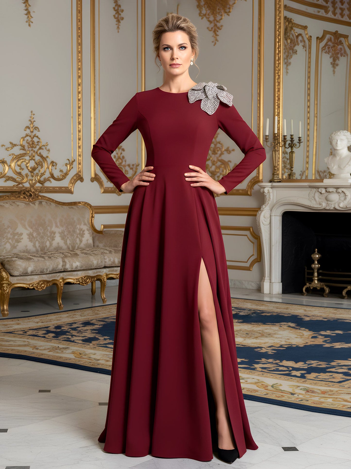 Long Sleeve A-Line Gown with Embellished Shoulder Bow Burgundy