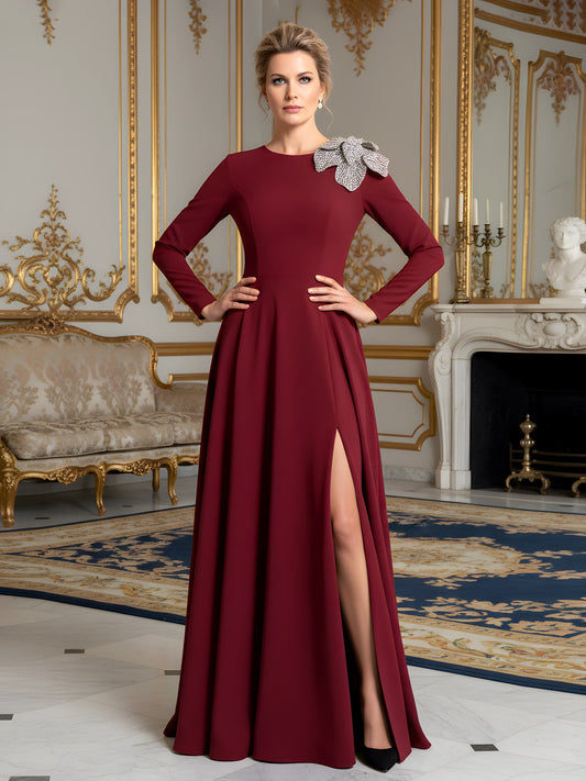 Long Sleeve A-Line Gown with Embellished Shoulder Bow Burgundy